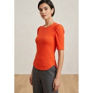 Lauren Ralph Lauren BL Ribbed Puff Sleeve Top Womens Medium Orange NWT Resort 24